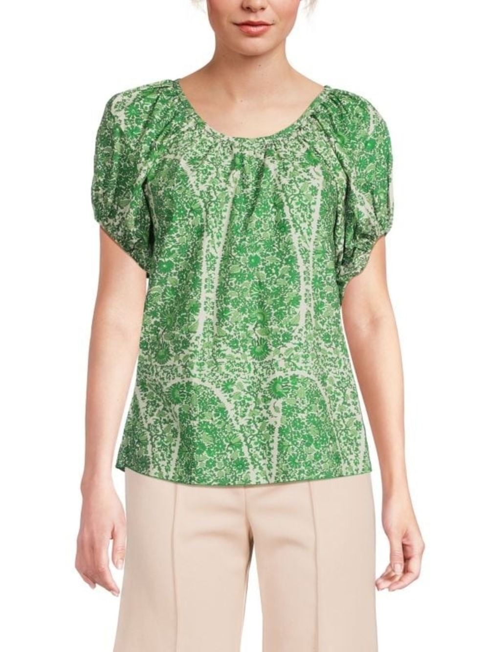 Green Paisley Floral Scoop-Neck Puff Sleeve Blouse Valli sz 44 Crisp Cotton NWT